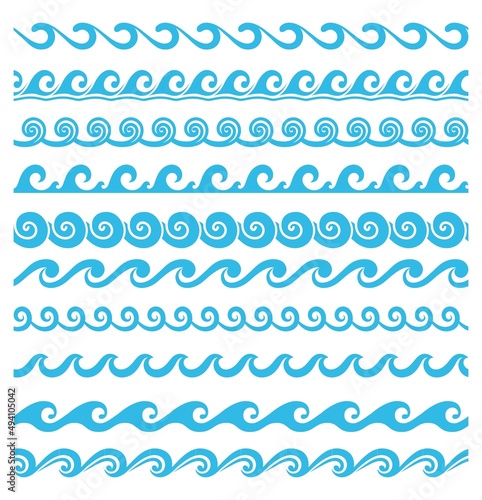 Sea and ocean wave line dividers or borders. Curly and rounded water waves minimalist vector ornaments, nautical or summer marine aqua linear separators, simple wavy patterns