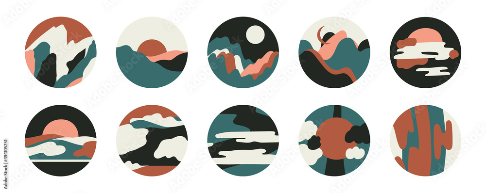 Set with minimalistic landscapes. Round compositions with simple shapes and abstract lines. Traveling and nature. Social media covers, highlights, icons, stickers. Vector illustration in trendy colors Set with minimalistic landscapes. Round compositions with simple shapes and abstract lines. Traveling and nature. Social media covers, highlights, icons, stickers. Vector illustration in trendy colors