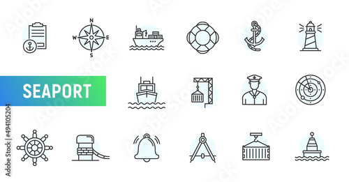 Port ship marine stroke line icon. Sea port marine pictogram container logistics vector line icon