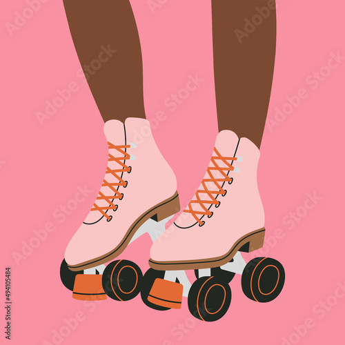 Poster with legs of a girl in roller skates. Sport and disco. Retro fashion style from 80s. Cute vector illustration in trendy colors. Hand drawn style. 