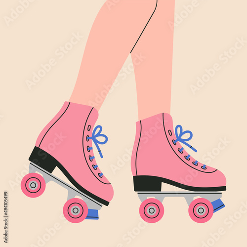 Poster with legs of a girl in roller skates. Sport and disco. Retro fashion style from 80s. Cute vector illustration in trendy colors. Hand drawn style. 