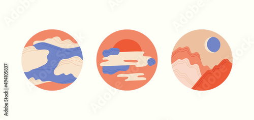 Set with minimalistic landscapes. Round compositions with simple shapes and abstract lines. Traveling and nature. Social media covers, highlights, icons, stickers. Vector illustration in trendy colors