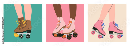 Poster with legs of a girl in roller skates. Sport and disco. Retro fashion style from 80s. Cute vector illustration in trendy colors. Hand drawn style. 