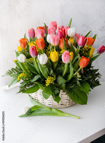 Fresh multicolored tulip bouquet in basket. Gift for Valentine's Day or Women's Day. Romantic happy birthday concept. Light background.
