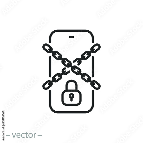 social media blocking icon, digital censorship, phone with lock, disconnect or limit internet, ban chain, thin line symbol on white background - editable stroke vector illustration