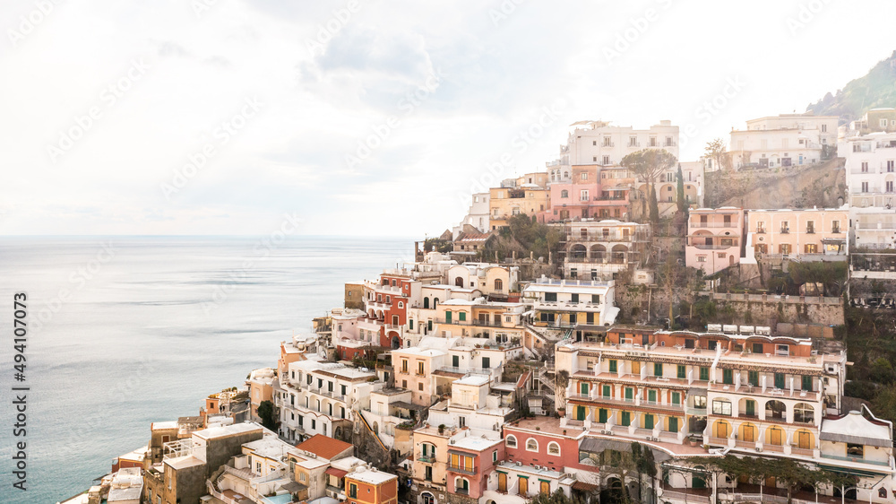 The city of positano in the sun on the amalfi coast in italy shot with the DJI Mavic Pro drone 