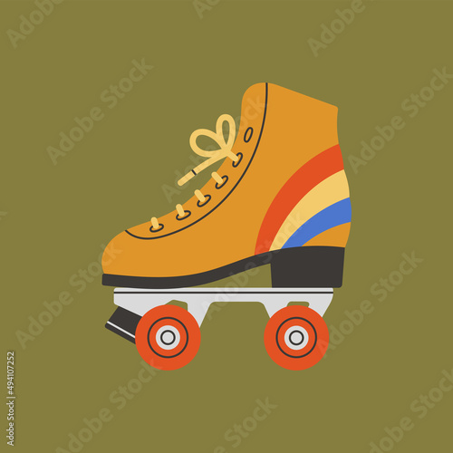 Poster with roller skates. Shoes with cute print of rainbow. Sport and disco. Retro fashion style from 80s. Vector illustration in trendy colors. Hand drawn style. 