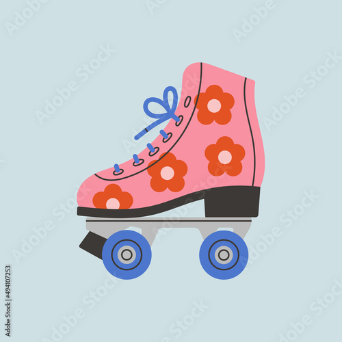 Poster with roller skates. Shoes with cute flower print. Sport and disco. Retro fashion style from 80s. Vector illustration in trendy colors. Hand drawn style. 