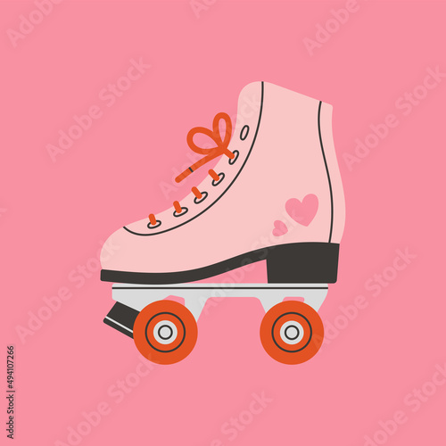 Poster with roller skates. Shoes with cute print of hearts. Sport and disco. Retro fashion style from 80s. Vector illustration in trendy colors. Hand drawn style. 