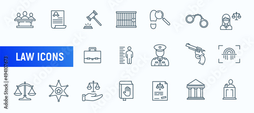 Law legal justice court line icon set. Hammer courtroom vector judge prison crime handcuff law stroke icon