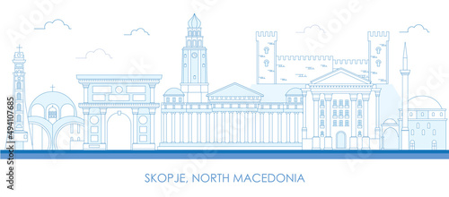 Outline Skyline panorama of city of Skopje, North Macedonia - vector illustration