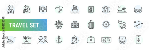 Travel line icon set tourism suitcase vector map symbol. Travel summer vacation camera bus transport, nature icon photo