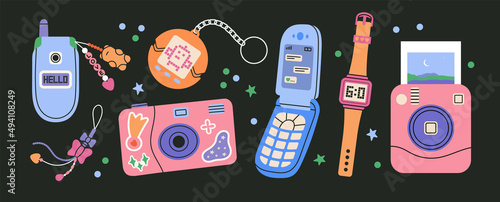 Set with retro electronic devices. Photo camera, watches, mobile phone with beaded keychain, game. Cute and stylish attributes from 90s. Hand drawn vector illustration. Vintage electronics and hobbies