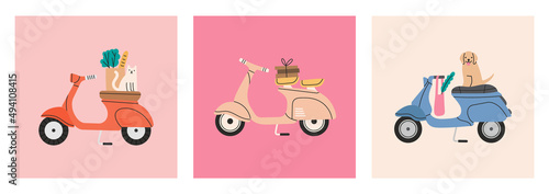 Set of posters with stylish vintage scooters with pets and other things of the owner. Transport, Italian style. Can be used in postcard or print design, background etc. Colorful vector illustration.
