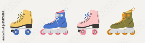 Set with roller skates icons. Sport and hobbies. Retro fashion style from 80s and 90s. Cute vector illustration in trendy colors. Hand drawn style.  photo