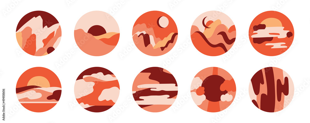 Set with minimalistic landscapes. Round compositions with simple shapes and abstract lines. Traveling and nature. Social media covers, highlights, icons, stickers. Vector illustration in trendy colors Set with minimalistic landscapes. Round compositions with simple shapes and abstract lines. Traveling and nature. Social media covers, highlights, icons, stickers. Vector illustration in trendy colors