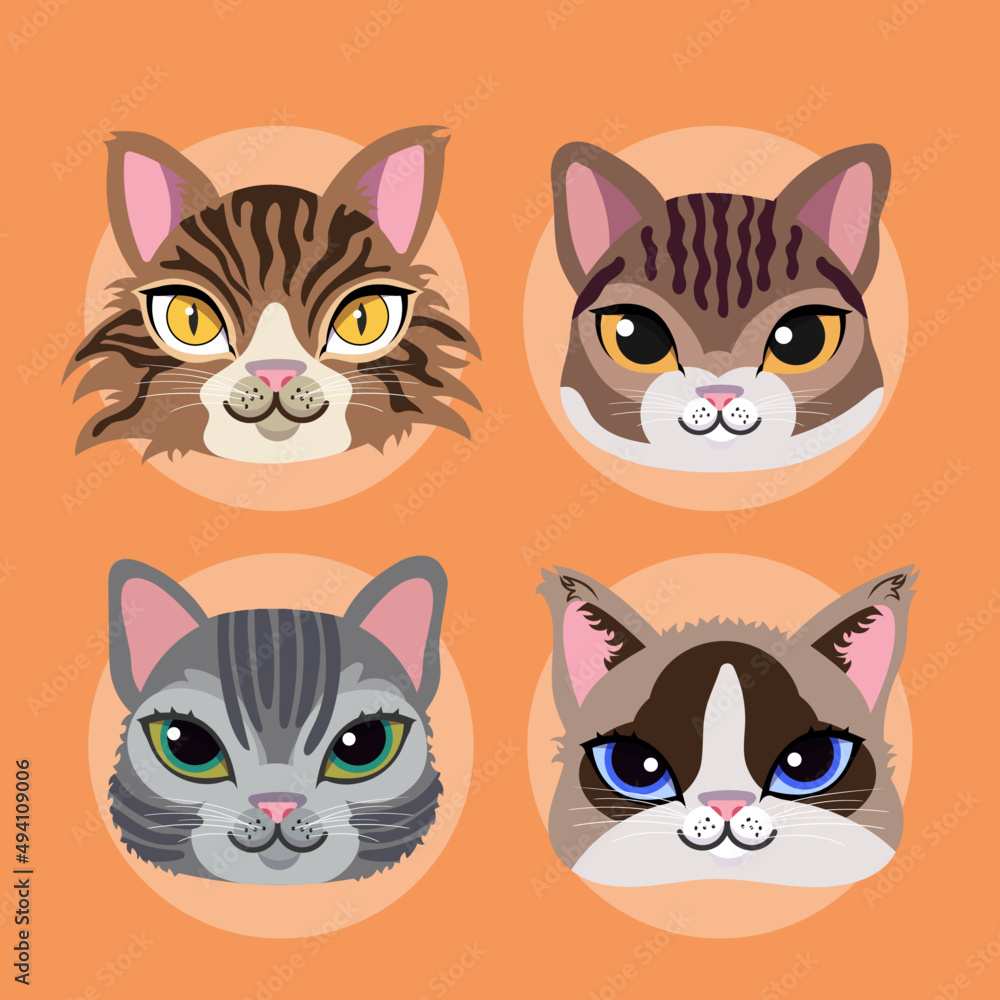 Set of differents illustrations of cats's faces and breeds Set of differents illustrations of cats's faces and breeds