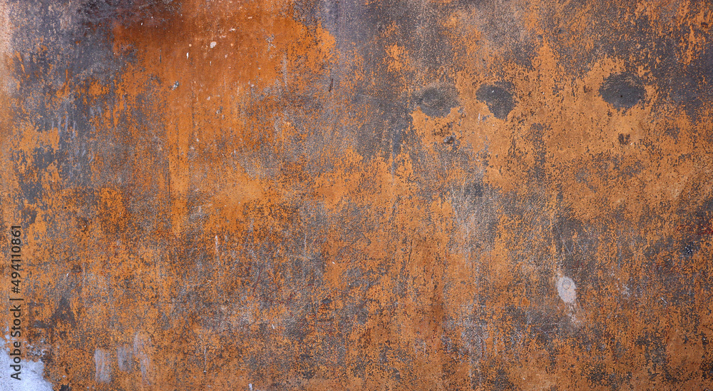 rust corroded metal surface with orange and dark gray tones - worn steampunk background from a wall with scratches and abstract forms for a horror texture	wallpaper