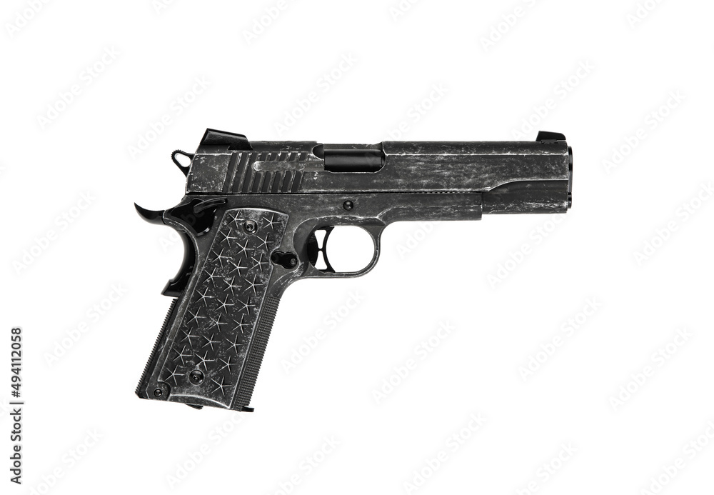 Air gun. Modern pneumatic weapon for air soft, sports and entertainment. A dummy, a copy of a real pistol. Isolate on a white back Air gun. Modern pneumatic weapon for air soft, sports and entertainment. A dummy, a copy of a real pistol. Isolate on a white back