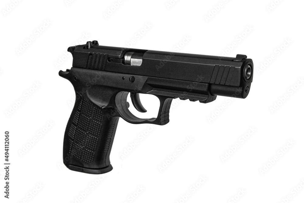 Modern semi-automatic pistol. A short-barreled weapon for self-defense. Arming the police, special units and the army. Isolate on a white back