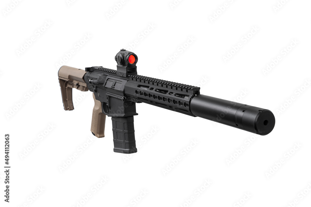 Modern automatic rifle isolated on black background. Weapons for police, special forces and the army. A carbine with red dot sight and silencer on a white back.