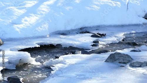 Rapid brook amongst melting snow and ice in spring, lights and shadows