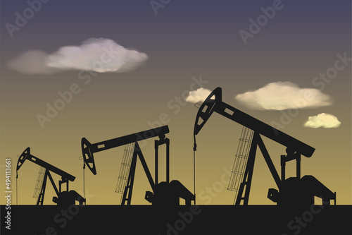 Silhouette of oil or gas drilling rigs on a sunset background. Oil industry. Vector illustration