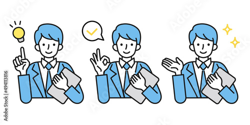 ビジネスシーンでの男性イラスト　様々なポーズ　提案、確認、紹介、説明など　白背景にベクター素材