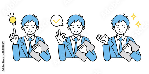 ビジネスシーンでの男性イラスト　様々なポーズ　提案、確認、紹介、説明など　白背景にベクター素材