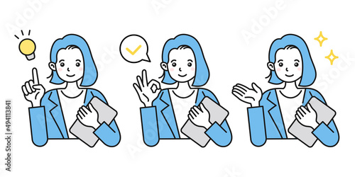 ビジネスシーンでの女性イラスト　様々なポーズ　提案、確認、紹介、説明など　白背景にベクター素材