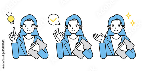 ビジネスシーンでの女性イラスト　様々なポーズ　提案、確認、紹介、説明など　白背景にベクター素材