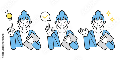 ビジネスシーンでの女性イラスト　様々なポーズ　提案、確認、紹介、説明など　白背景にベクター素材