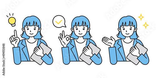 ビジネスシーンでの女性イラスト　様々なポーズ　提案、確認、紹介、説明など　白背景にベクター素材