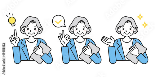 ビジネスシーンでの年配女性イラスト　様々なポーズ　提案、確認、紹介、説明など　白背景にベクター素材