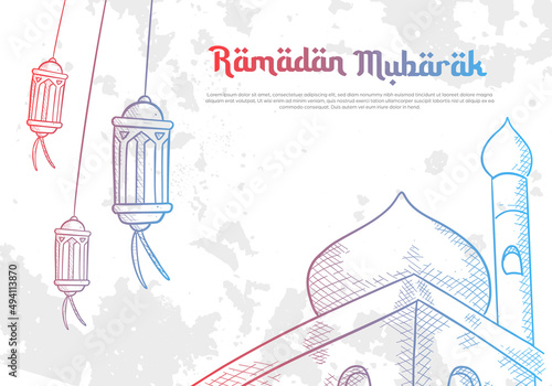 sketch hand drawn of ramadan mubarak kareem islamic greeting background with lantern lamp and mosque illustration