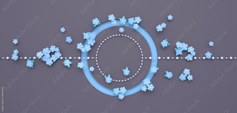 Festive background with pearls and forget-me-nots. An empty greeting card. 3D illustration

