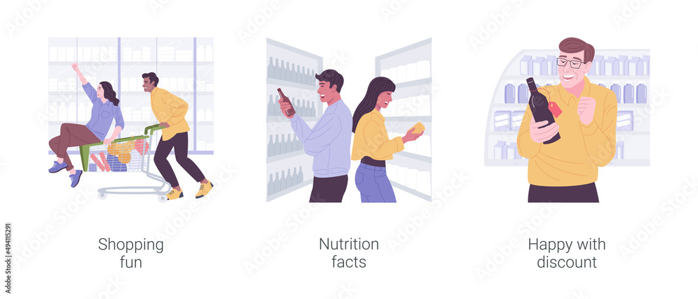 Food shopping isolated cartoon vector illustrations set.