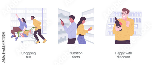 Food shopping isolated cartoon vector illustrations set.