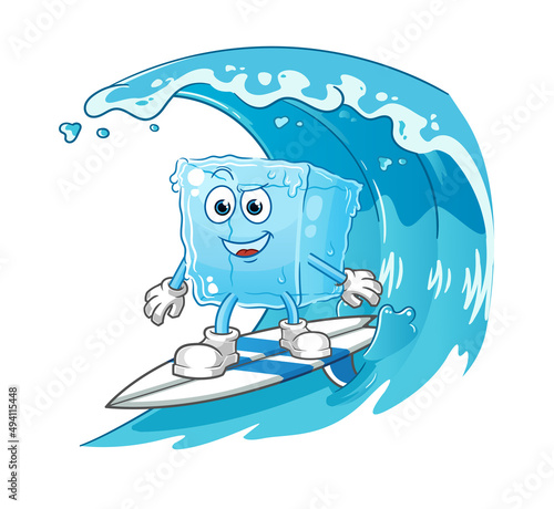 ice cube surfing character. cartoon mascot vector
