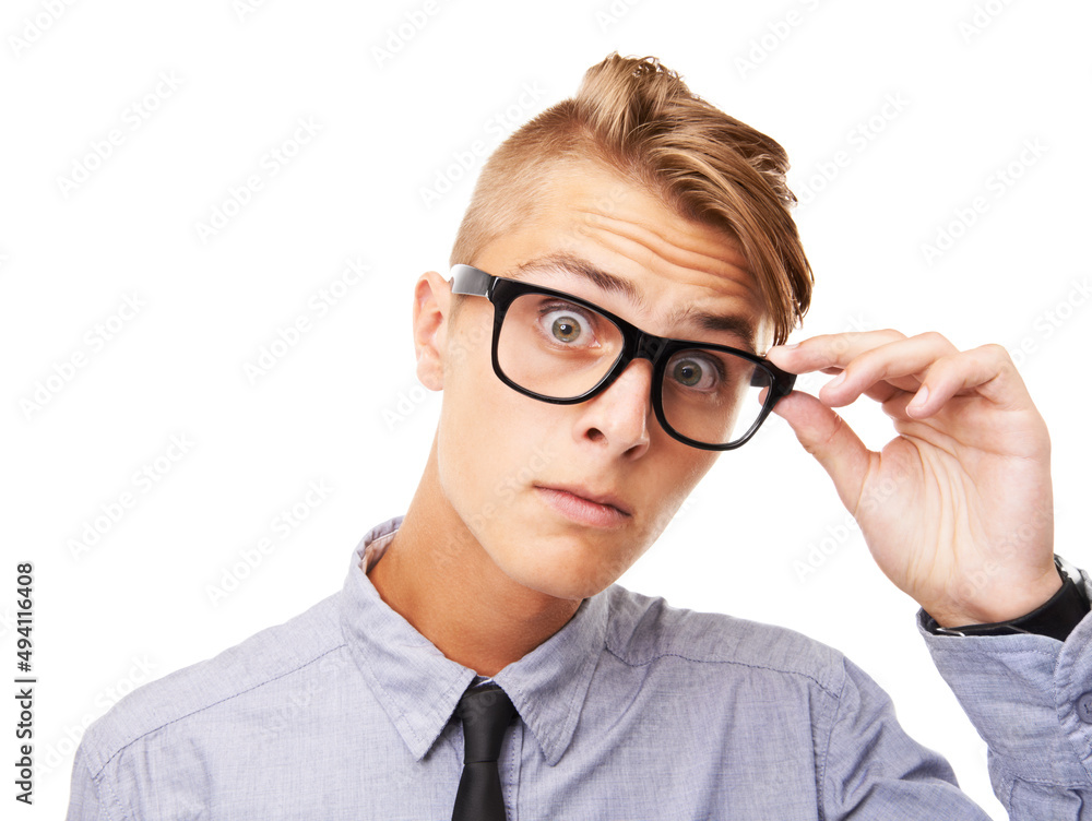 Your style is shocking. Studio portrait of an expressive young man wearing glasses isolated on white. Your style is shocking. Studio portrait of an expressive young man wearing glasses isolated on white.