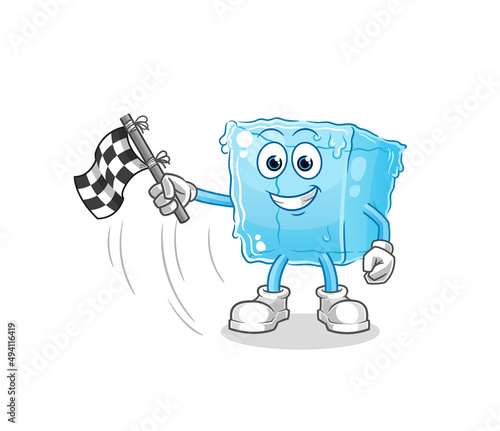 ice cube hold finish flag. cartoon mascot vector