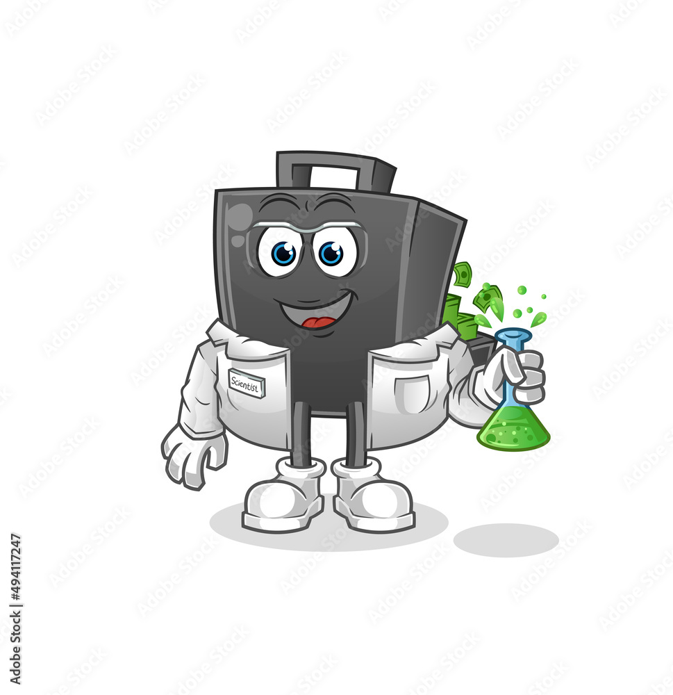 money briefcase scientist character. cartoon mascot vector