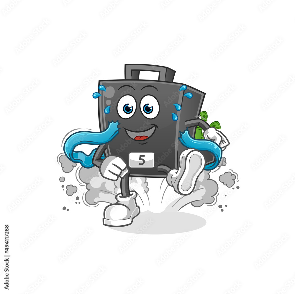 money briefcase runner character. cartoon mascot vector
