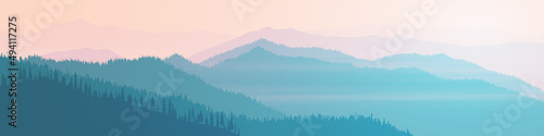Vector illustration of mountains, ridge in the morning haze, panoramic view