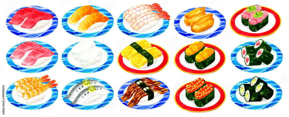皿に乗った色々な種類のお寿司のセットイラスト 日本料理の手描き水彩イラスト素材集 皿に乗った色々な種類のお寿司のセットイラスト 日本料理の手描き水彩イラスト素材集