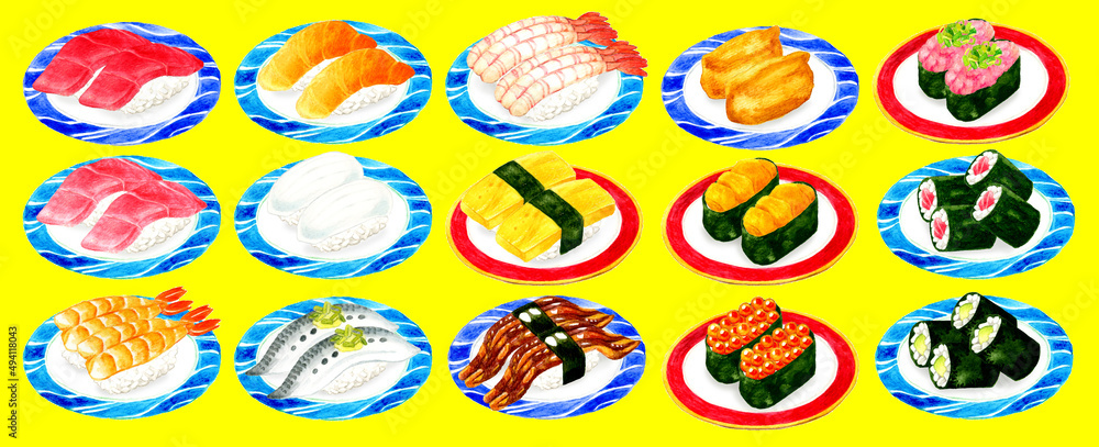 皿に乗った色々な種類のお寿司のセットイラスト　日本料理の手描き水彩イラスト素材集