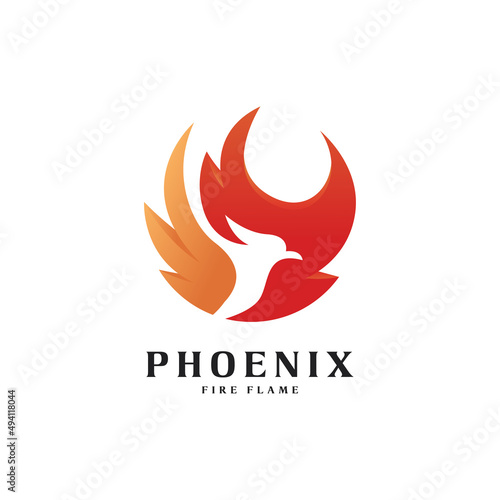 Fire bird logo design, eagle, hawk and wings vector illustration with circle negative space concept