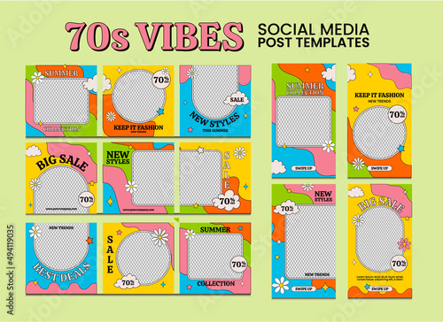 Editable template stories and social media posts frames, 70s style. Square post puzzle set and stories background design pack. Hand drawn groovy psychedelic posts collection