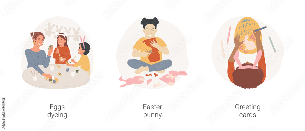 Easter crafts isolated cartoon vector illustration set. Happy family painting Easter eggs together, girl making craft bunny, diy greeting cards, religious holiday preparation vector cartoon.