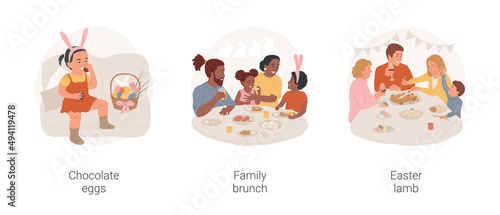 Easter meal isolated cartoon vector illustration set. Girl wearing in bunny ears eating chocolate eggs, delicious Easter lamb, happy family having brunch, celebrating at home vector cartoon.